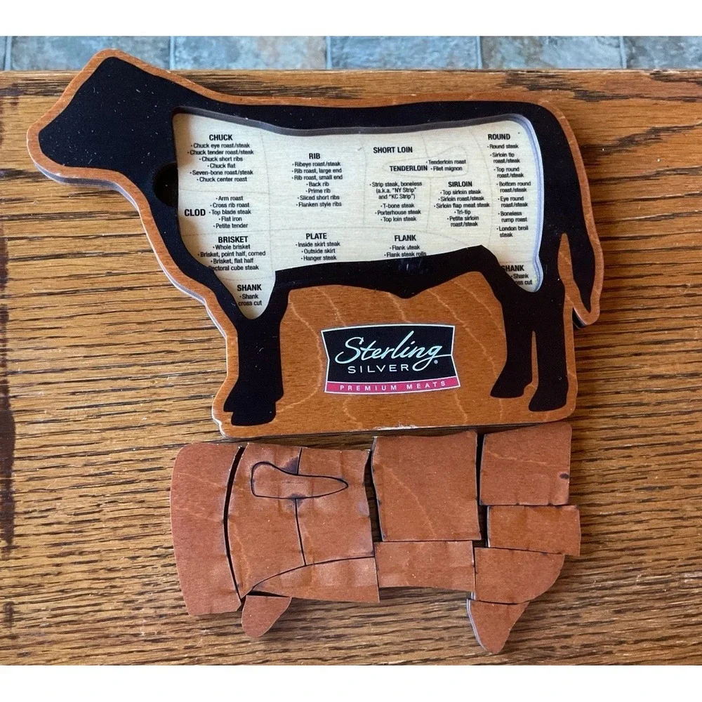 Vintage Wooden Farmhouse Cow Meat Cuts Trivet Puzzle Sterling Meats UNIQUE